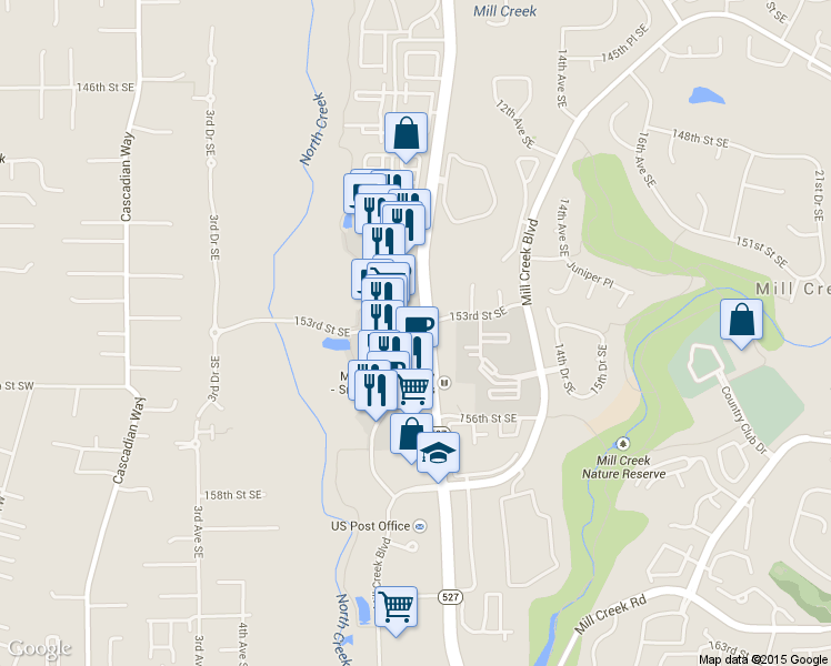 map of restaurants, bars, coffee shops, grocery stores, and more near 15311 Main St in Mill Creek