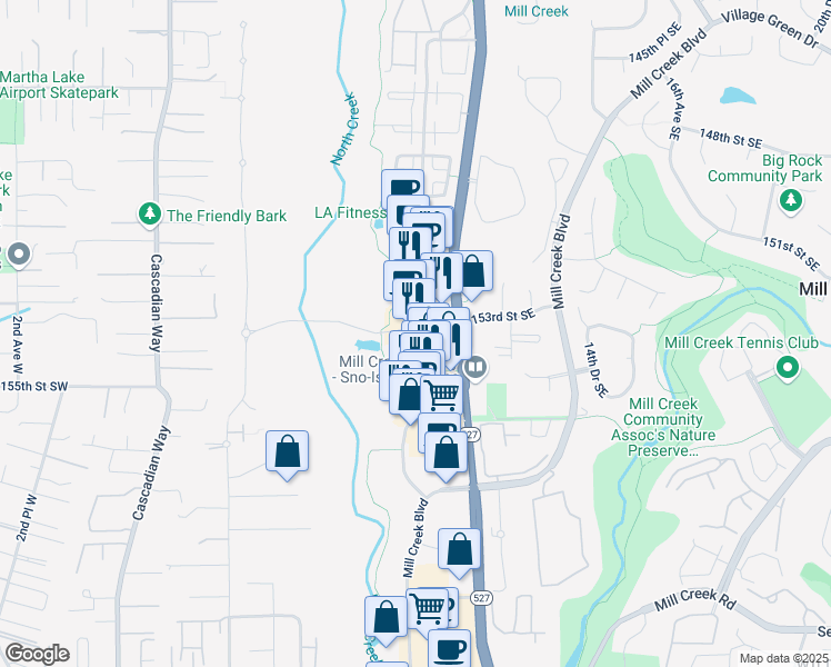 map of restaurants, bars, coffee shops, grocery stores, and more near 15311 Main Street in Mill Creek
