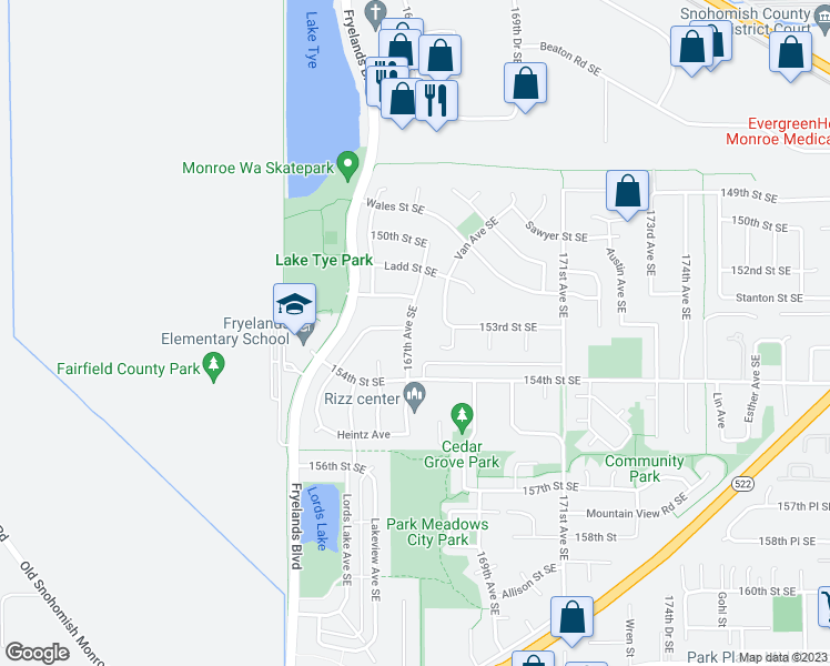 map of restaurants, bars, coffee shops, grocery stores, and more near 15307 167th Avenue Southeast in Monroe