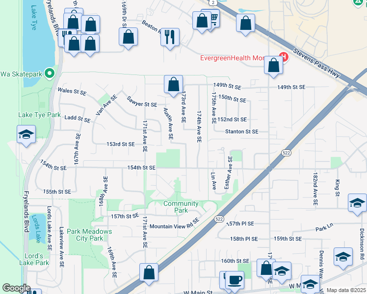 map of restaurants, bars, coffee shops, grocery stores, and more near 17290 153rd Street Southeast in Monroe