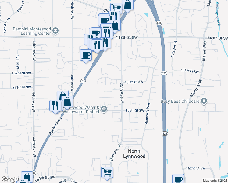 map of restaurants, bars, coffee shops, grocery stores, and more near 15408 35th Avenue West in Lynnwood