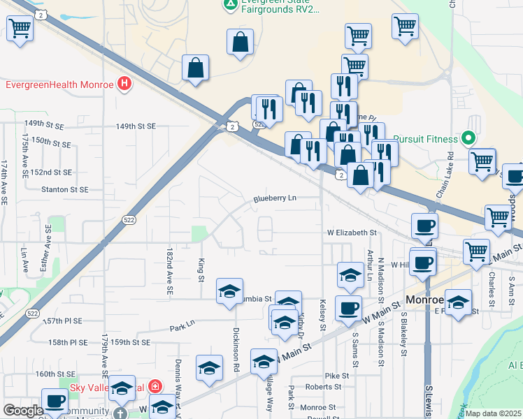 map of restaurants, bars, coffee shops, grocery stores, and more near 18540 Galway Bay Southeast in Monroe
