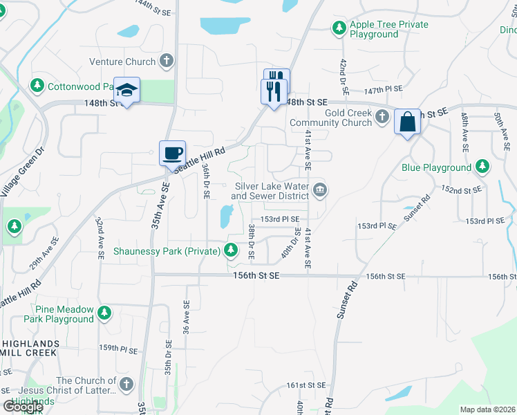 map of restaurants, bars, coffee shops, grocery stores, and more near 15304 38th Drive Southeast in Mill Creek