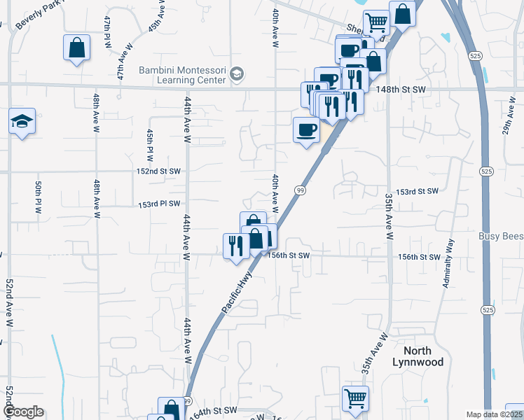 map of restaurants, bars, coffee shops, grocery stores, and more near 15404 40th Avenue West in Lynnwood