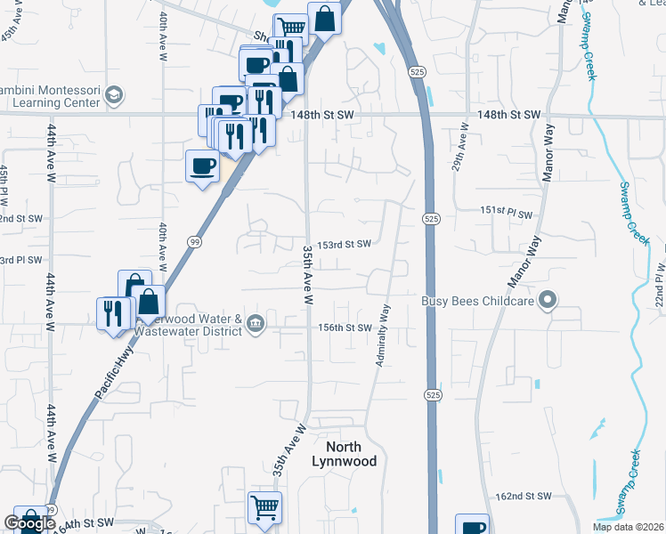 map of restaurants, bars, coffee shops, grocery stores, and more near 15415 35th Avenue West in Lynnwood