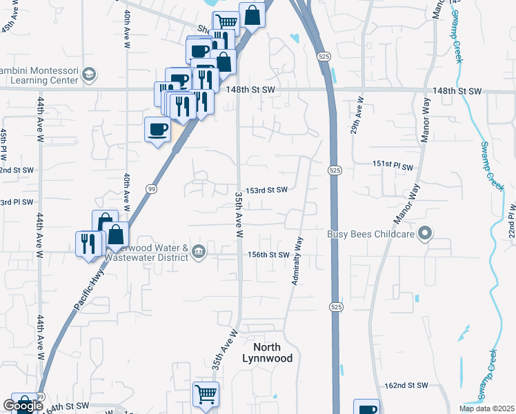 map of restaurants, bars, coffee shops, grocery stores, and more near 15405 35th Avenue West in Lynnwood