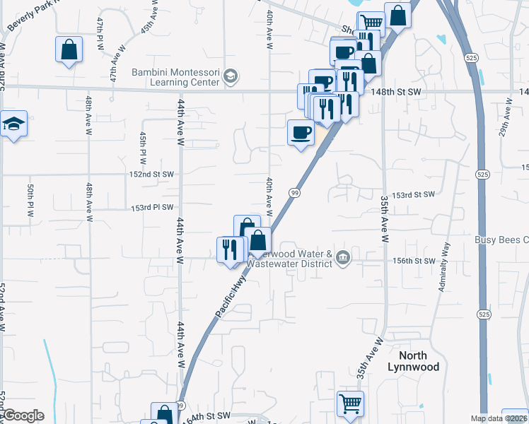 map of restaurants, bars, coffee shops, grocery stores, and more near 15330 40th Avenue West in Lynnwood