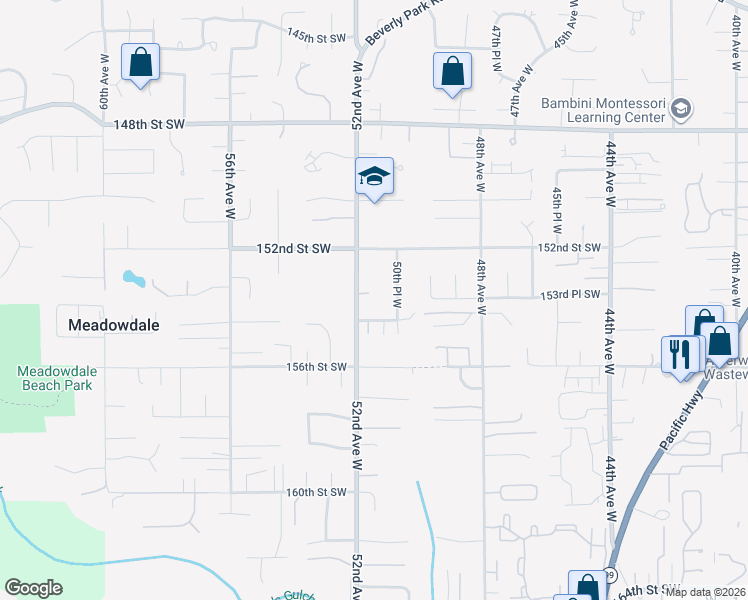 map of restaurants, bars, coffee shops, grocery stores, and more near 15326 50th Place West in Edmonds