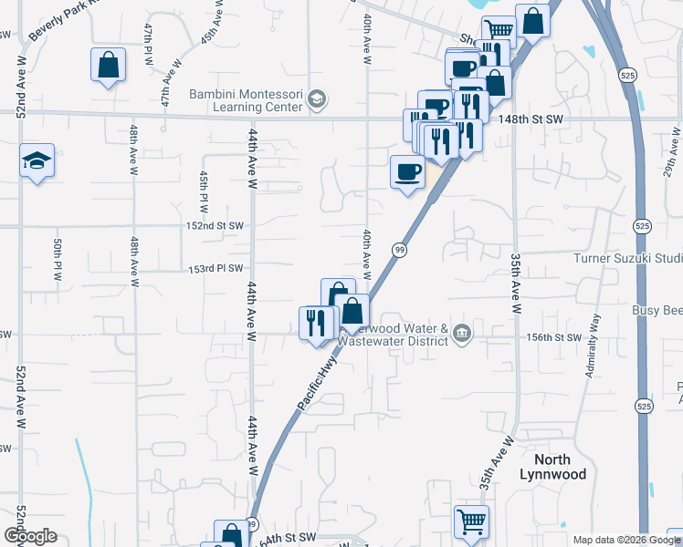 map of restaurants, bars, coffee shops, grocery stores, and more near 15404 40th Avenue West in Lynnwood