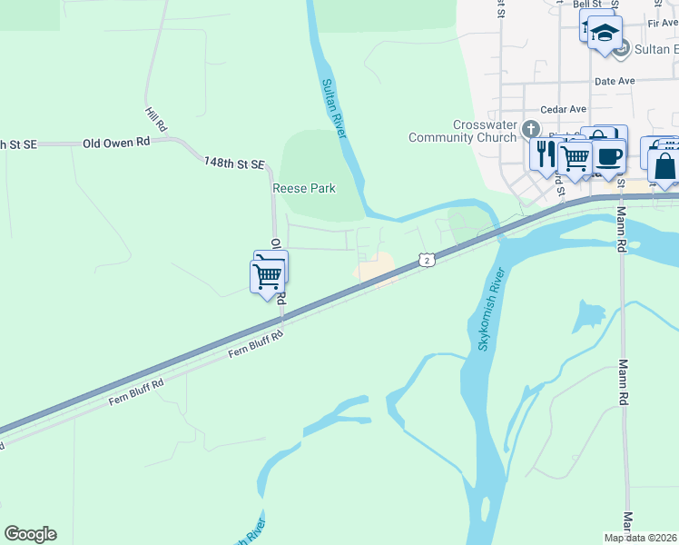 map of restaurants, bars, coffee shops, grocery stores, and more near 623 West Stevens Avenue in Sultan
