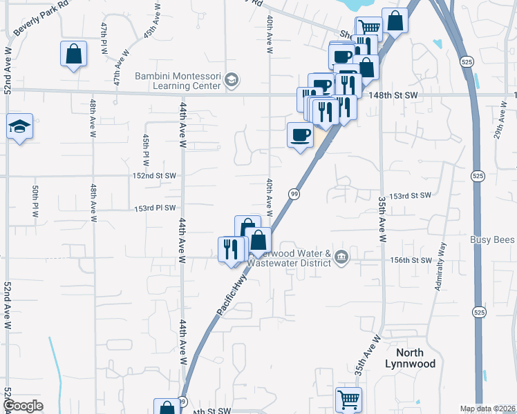 map of restaurants, bars, coffee shops, grocery stores, and more near 15326 40th Avenue West in Lynnwood