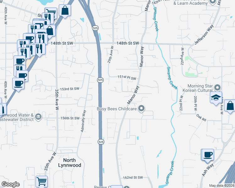 map of restaurants, bars, coffee shops, grocery stores, and more near 2822 153rd Street Southwest in Lynnwood