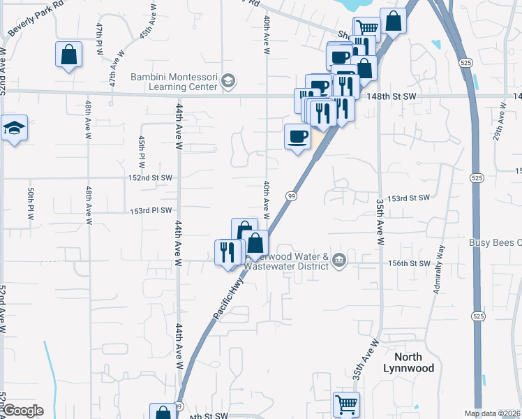 map of restaurants, bars, coffee shops, grocery stores, and more near 15330 40th Avenue West in Lynnwood