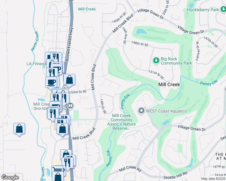 map of restaurants, bars, coffee shops, grocery stores, and more near 15226 16th Avenue Southeast in Mill Creek