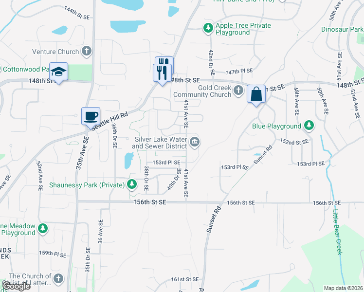 map of restaurants, bars, coffee shops, grocery stores, and more near 4012 152nd Place Southeast in Bothell
