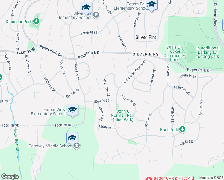map of restaurants, bars, coffee shops, grocery stores, and more near 6101 152nd Street Southeast in Snohomish