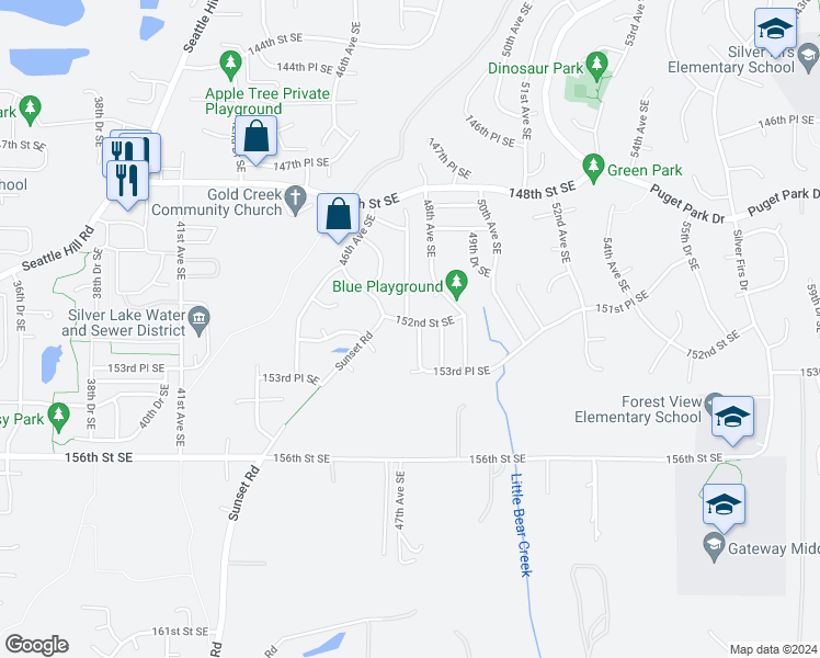 map of restaurants, bars, coffee shops, grocery stores, and more near 15204 48th Avenue Southeast in Everett