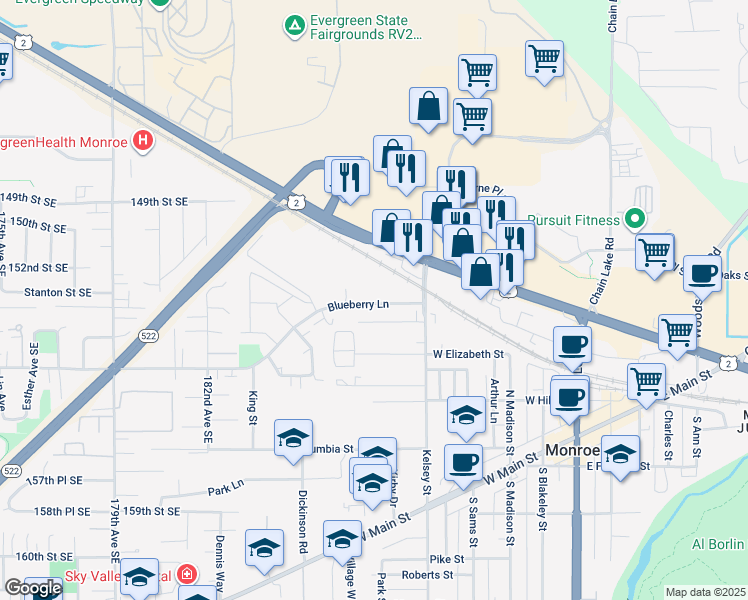 map of restaurants, bars, coffee shops, grocery stores, and more near 650 North Street in Monroe