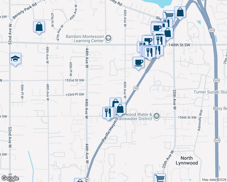 map of restaurants, bars, coffee shops, grocery stores, and more near 15302 40th Avenue West in Lynnwood