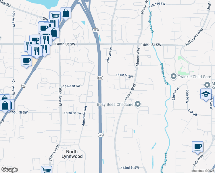 map of restaurants, bars, coffee shops, grocery stores, and more near 2923 153rd Street Southwest in Lynnwood
