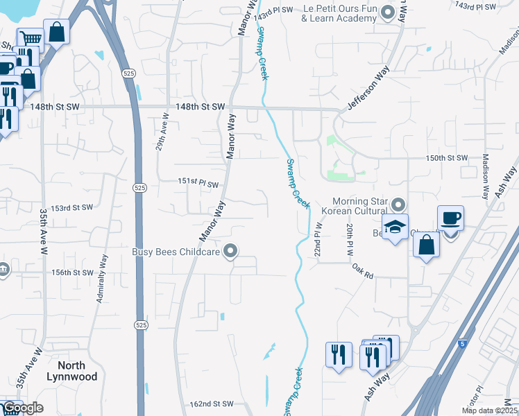 map of restaurants, bars, coffee shops, grocery stores, and more near 15121 25th Avenue West in Lynnwood