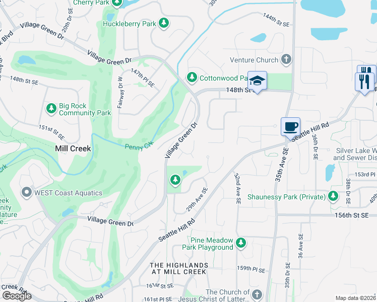 map of restaurants, bars, coffee shops, grocery stores, and more near 2821 152nd Place Southeast in Mill Creek