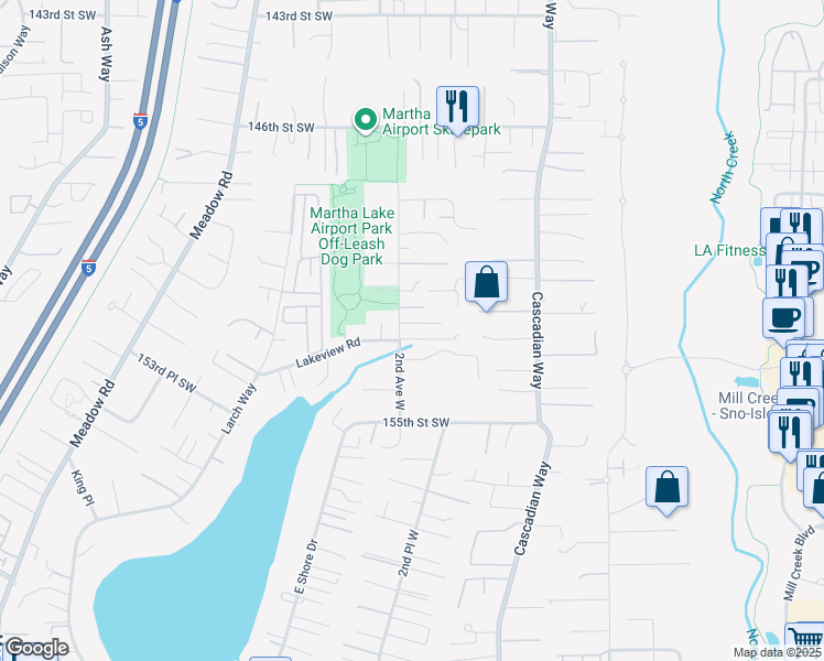 map of restaurants, bars, coffee shops, grocery stores, and more near 107 152nd Street Southwest in Lynnwood