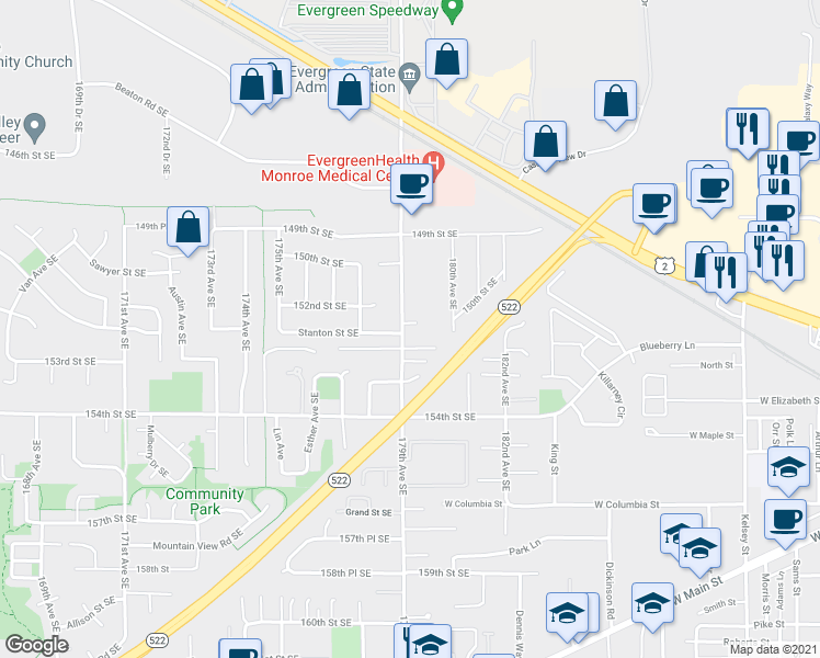 map of restaurants, bars, coffee shops, grocery stores, and more near 15115 179th Avenue Southeast in Monroe
