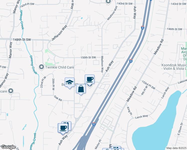 map of restaurants, bars, coffee shops, grocery stores, and more near 1604 151st Place Southwest in Lynnwood