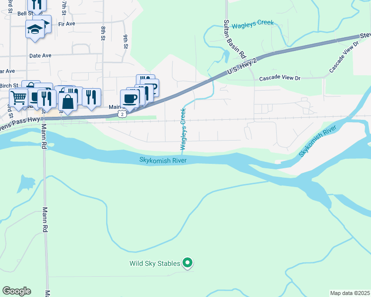map of restaurants, bars, coffee shops, grocery stores, and more near 1010 Dyer Road in Sultan