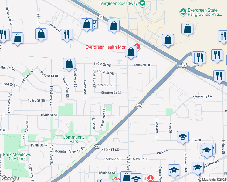 map of restaurants, bars, coffee shops, grocery stores, and more near 17753 Stanton Street Southeast in Monroe