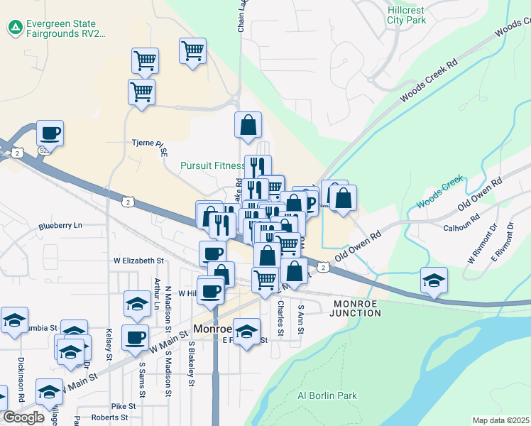map of restaurants, bars, coffee shops, grocery stores, and more near 19651 U.S. 2 in Monroe