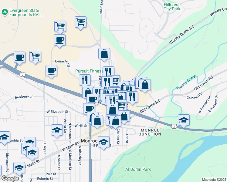 map of restaurants, bars, coffee shops, grocery stores, and more near 19651 U.S. 2 in Monroe