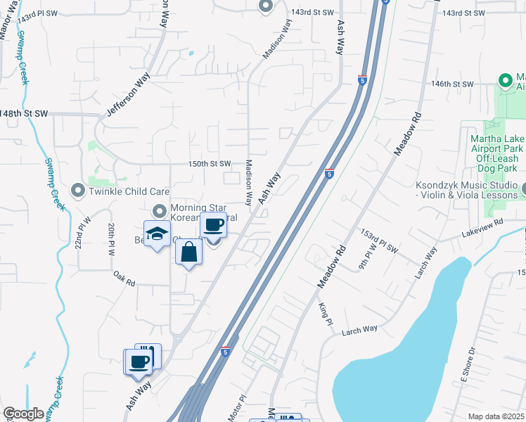map of restaurants, bars, coffee shops, grocery stores, and more near 13th Park West in Lynnwood