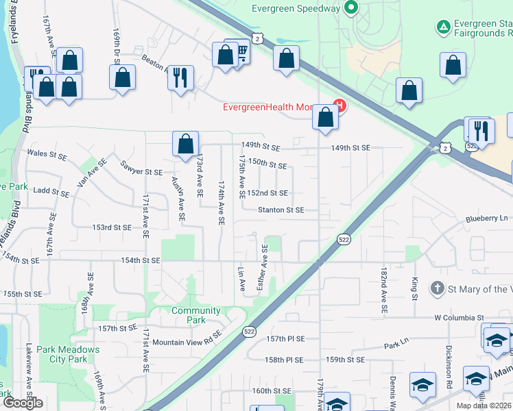 map of restaurants, bars, coffee shops, grocery stores, and more near 17581 Stanton Street Southeast in Monroe