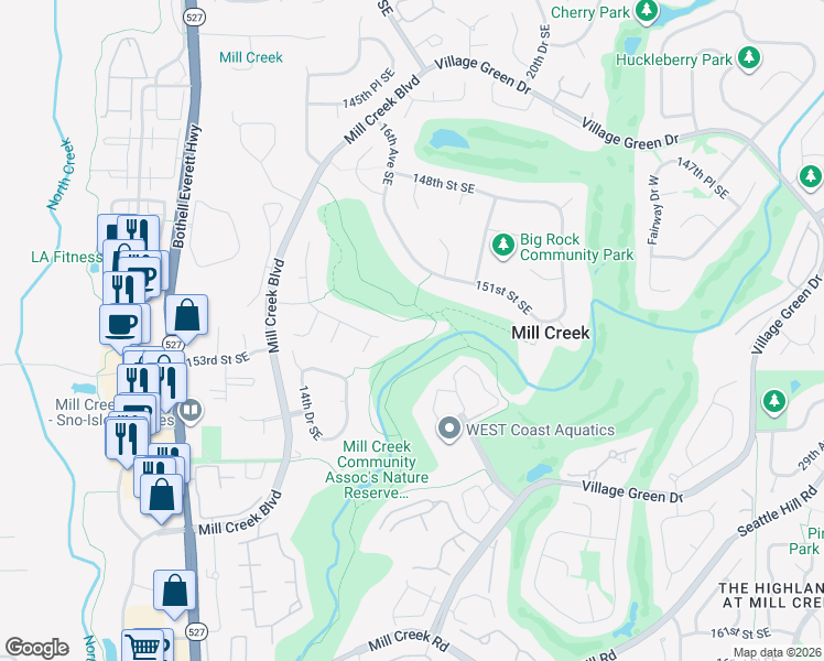map of restaurants, bars, coffee shops, grocery stores, and more near 1540 151st Place Southeast in Mill Creek