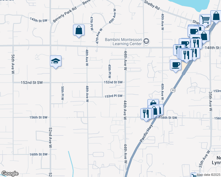 map of restaurants, bars, coffee shops, grocery stores, and more near 4525 152nd Street Southwest in Lynnwood