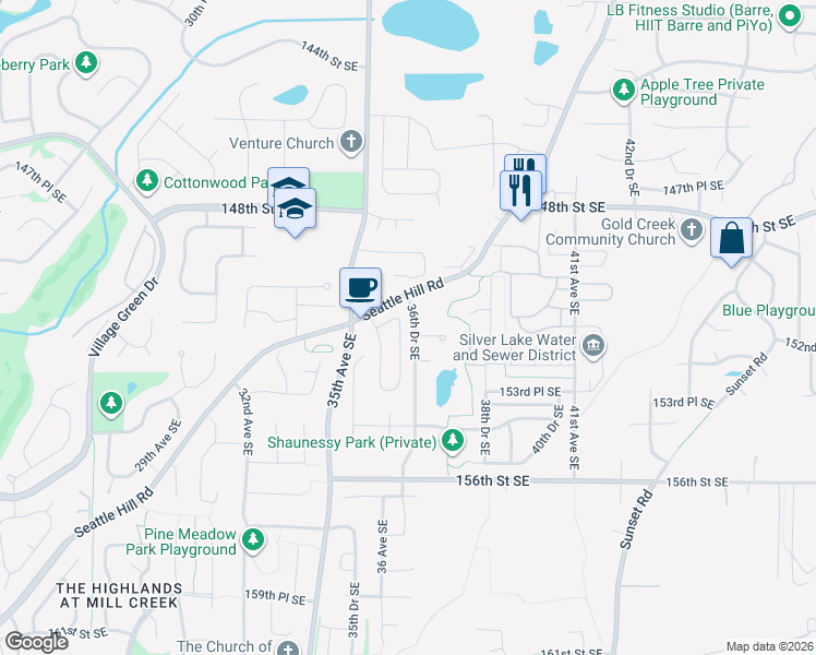 map of restaurants, bars, coffee shops, grocery stores, and more near 15118 36th Drive Southeast in Bothell