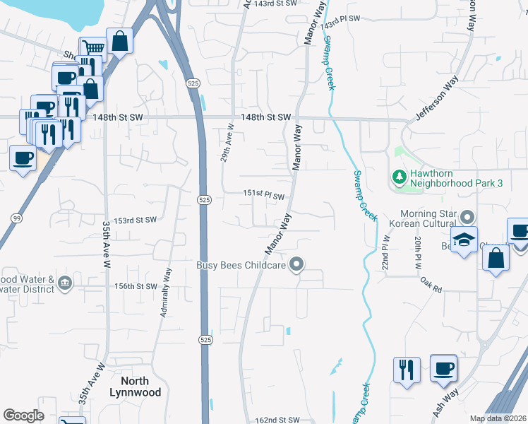 map of restaurants, bars, coffee shops, grocery stores, and more near 15211 28th Avenue West in Lynnwood