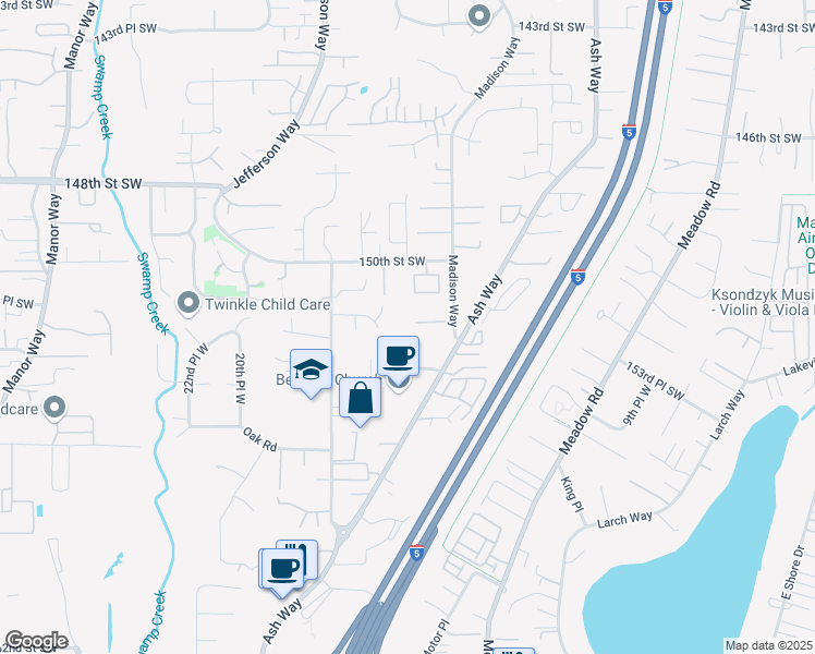 map of restaurants, bars, coffee shops, grocery stores, and more near 1604 151st Place Southwest in Lynnwood