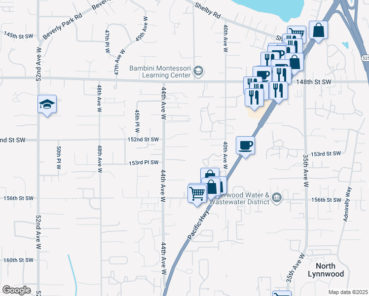 map of restaurants, bars, coffee shops, grocery stores, and more near 4032 152nd Place Southwest in Lynnwood