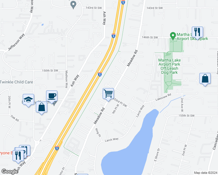 map of restaurants, bars, coffee shops, grocery stores, and more near 930 152nd Place Southwest in Lynnwood