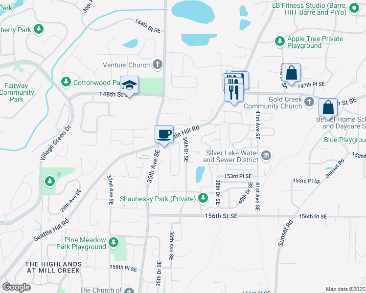 map of restaurants, bars, coffee shops, grocery stores, and more near 15124 36th Drive Southeast in Bothell