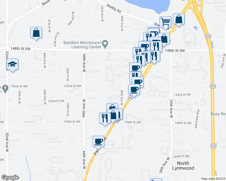 map of restaurants, bars, coffee shops, grocery stores, and more near 4032 152nd Place Southwest in Lynnwood