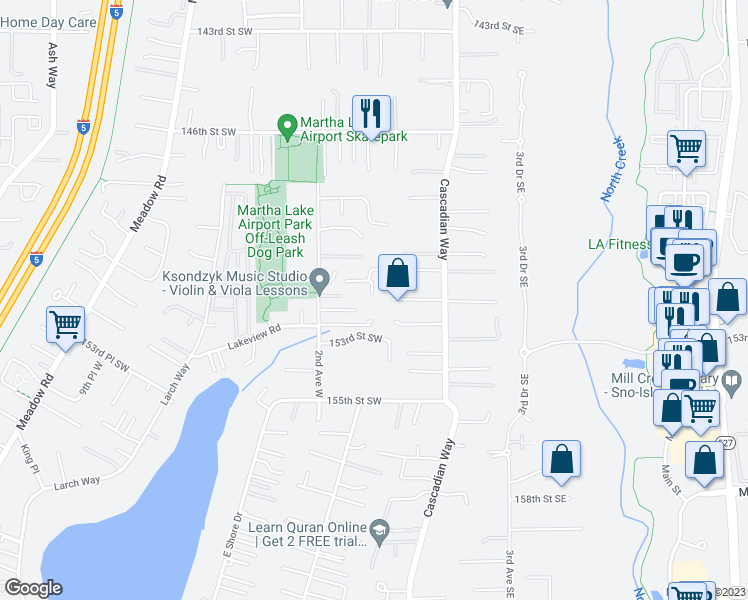 map of restaurants, bars, coffee shops, grocery stores, and more near 9 152nd Street Southwest in Lynnwood