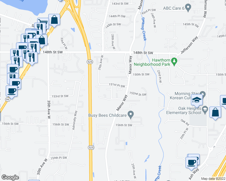 map of restaurants, bars, coffee shops, grocery stores, and more near 15211 28th Avenue West in Lynnwood