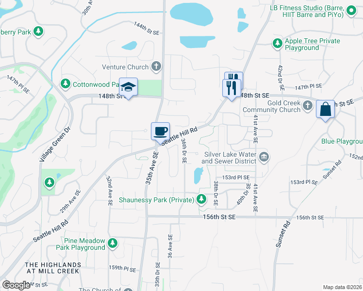 map of restaurants, bars, coffee shops, grocery stores, and more near 15118 36th Drive Southeast in Bothell