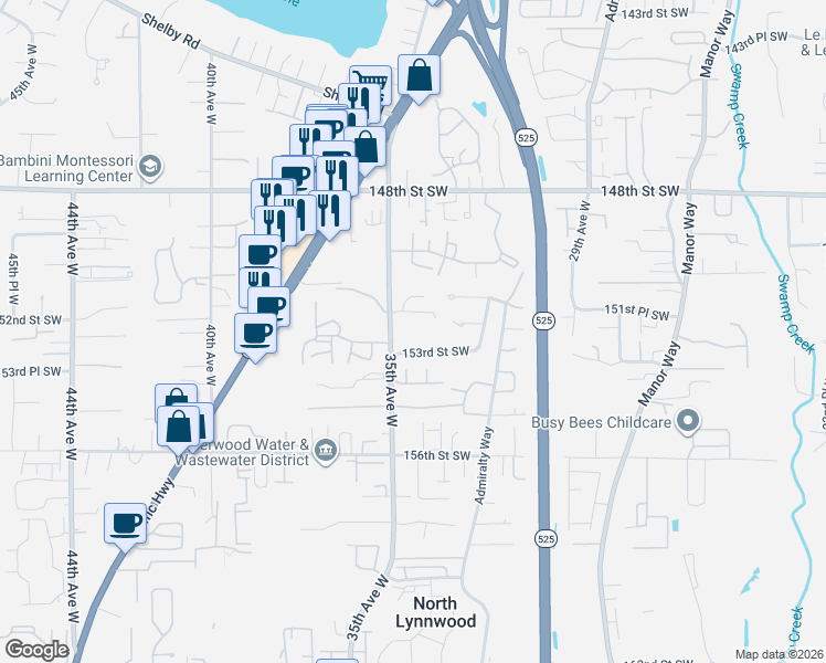 map of restaurants, bars, coffee shops, grocery stores, and more near 15201 35th Avenue West in Lynnwood