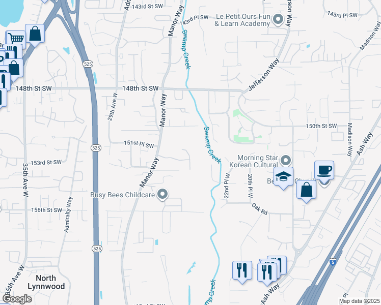 map of restaurants, bars, coffee shops, grocery stores, and more near 15121 25th Avenue West in Lynnwood