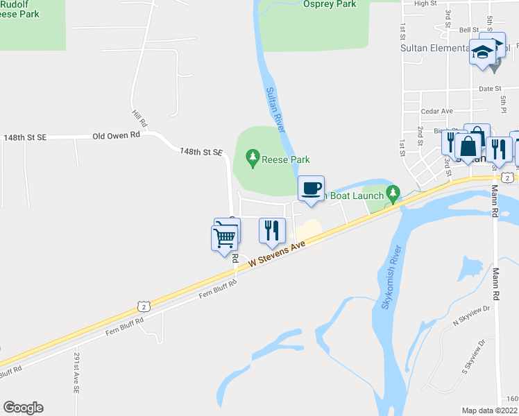 map of restaurants, bars, coffee shops, grocery stores, and more near 212 Old Owen Road in Sultan